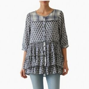 ODDY Tiered Button Down Tunic Raw Edge High Low Hem Gray And Blue Women's Small